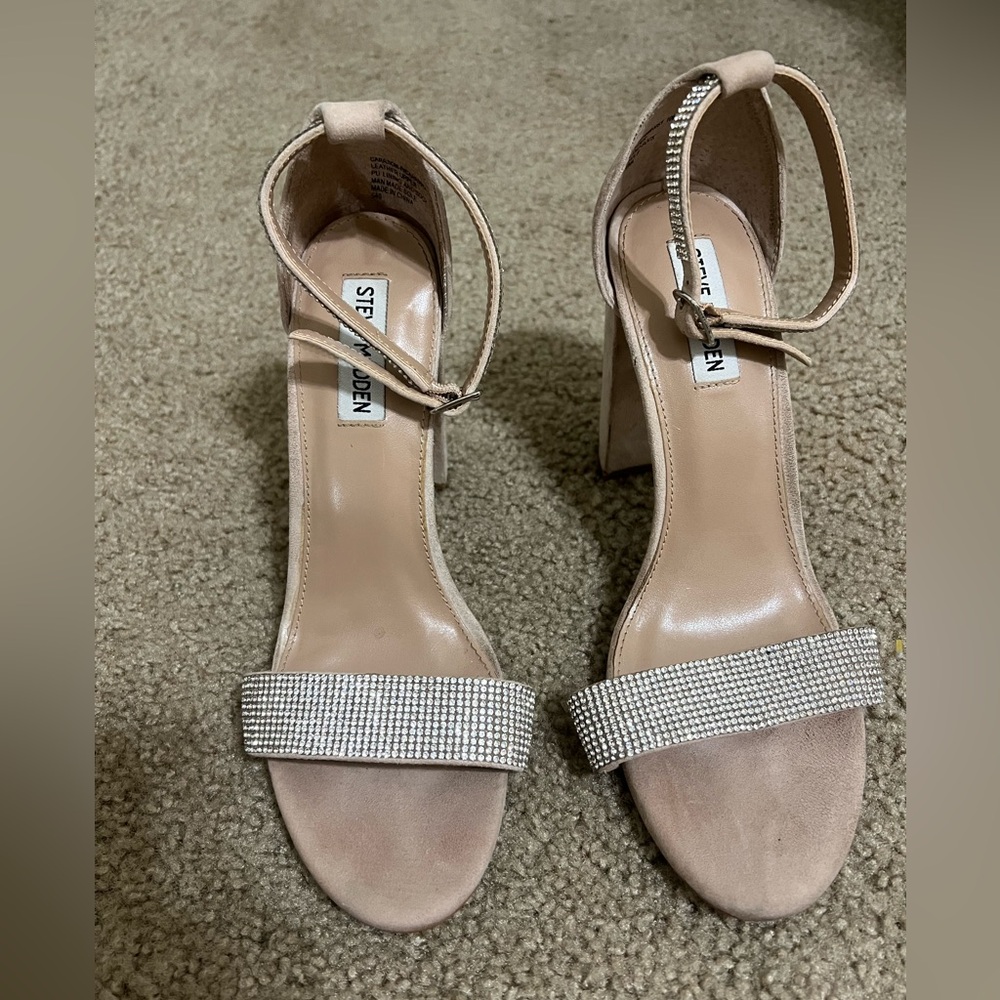 Steve Madden tan block heels with silver rhinestones